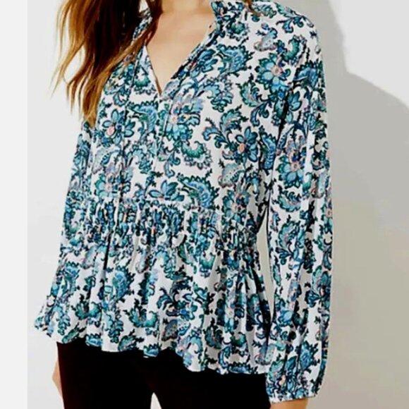LOFT| Floral Paisley Split Neck Peplum Blouse Peasant Boho Blue | Size Medium - Picture 1 of 10